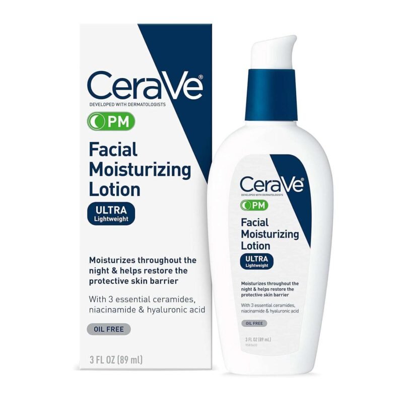 CeraVe PM Facial Moisturizing Lotion. Night Cream with Hyaluronic Acid and Niacinamide. Ultra-Lightweight. Oil-Free Moisturizer for Face. 3 Ounce