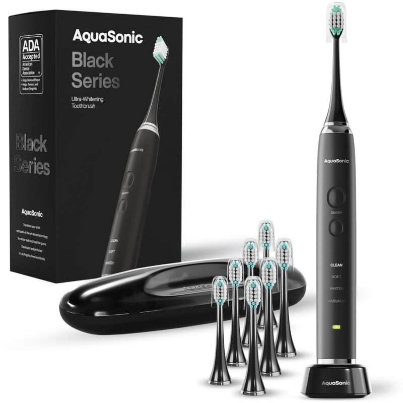 Aquasonic Black Series Ultra Whitening Toothbrush – ADA Accepted Electric Toothbrush- 8 Brush Heads & Travel Case – 40.000 VPM Electric Motor & Wireless Charging - 4 Modes w Smart Timer