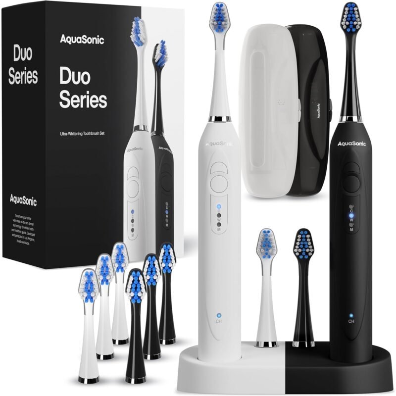 Aquasonic Duo - Dual Handle Ultra Whitening 40.000 VPM Wireless Charging Electric ToothBrushes - 3 Modes with Smart Timers - 10 Dupont Brush Heads & 2 Travel Cases Included